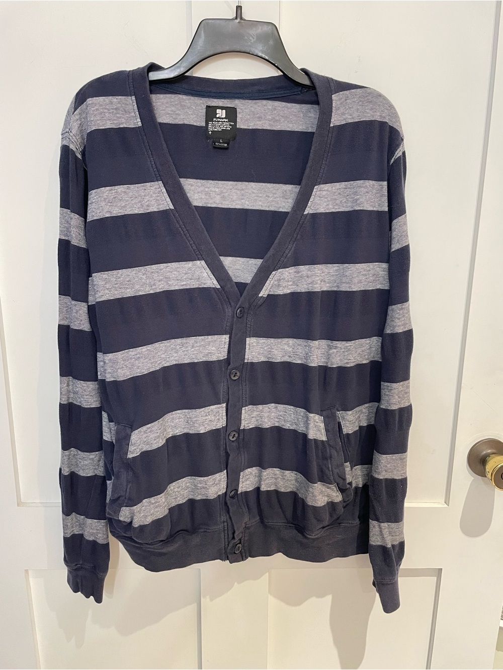 PJ Mark Cotton VTG Style Men's Navy and Gray Striped Cardigan Sweater L